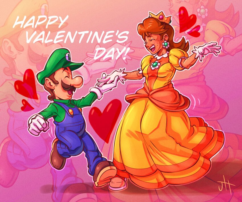 1boy, 1girl, blue_overalls, brown_hair, brown_shoes, closed_eyes, crown, dancing, dress, earrings, facial_hair, flower_earrings, freckles, gamertimeartz, gloves, green_hat, green_shirt, happy, happy_valentine, hat, heart, highres, holding_hands, jewelry, long_sleeves, luigi, mario_(series), mario_kart, mario_kart_wii, mustache, nintendo, open_mouth, orange_dress, overalls, princess, princess_daisy, puffy_short_sleeves, puffy_sleeves, red_background, shirt, shoes, short_hair, short_sleeves, smile, valentine, white_gloves