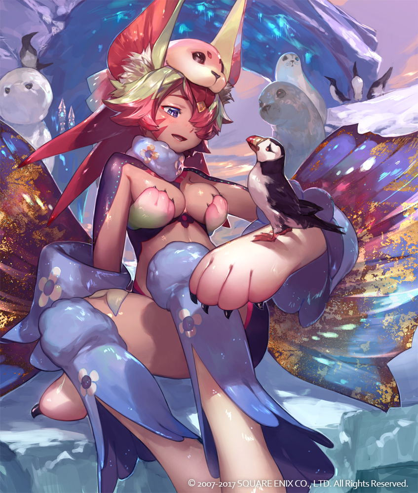 1girl, animal_ears, animal_on_arm, bird, bird_on_arm, blue_eyes, breasts, bright_pupils, copyright_notice, detached_sleeves, fur_collar, hair_over_one_eye, harp_seal, karima_(lord_of_vermilion), large_breasts, lord_of_vermilion, open_mouth, puffin, red_hair, seal_(animal), seal_hat, selkie_(mythology), short_hair, so-taro, solo, white_pupils