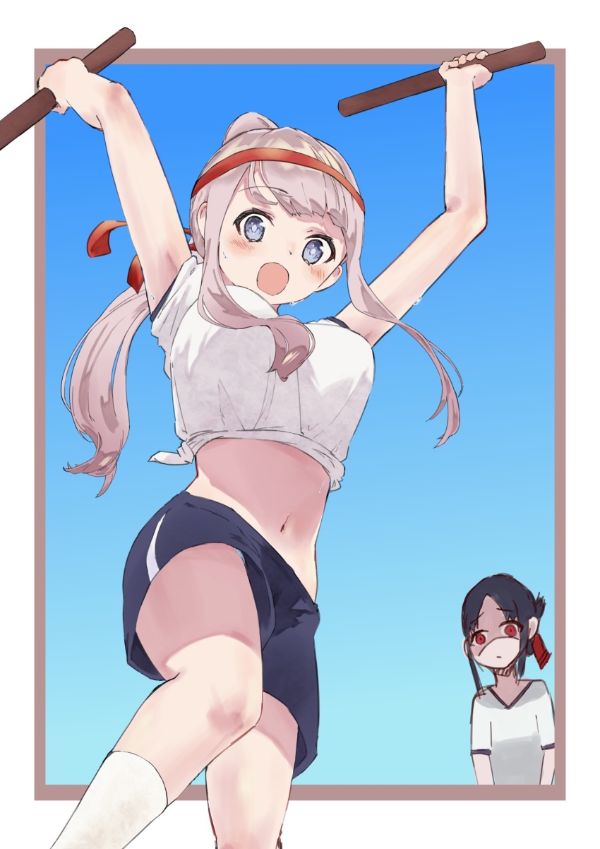 2girls, arms_up, bare_arms, black_hair, blue_background, blue_eyes, blue_panties, blue_shorts, blunt_bangs, blush, border, bossun_(laetus), breasts, commentary_request, feet_out_of_frame, fujiwara_chika, gym_shirt, gym_shorts, gym_uniform, hair_ribbon, headband, highres, holding_baton, kaguya-sama_wa_kokurasetai_~tensai-tachi_no_renai_zunousen~, large_breasts, long_hair, midriff, multiple_girls, navel, open_mouth, outside_border, panties, panty_peek, parted_lips, ponytail, red_eyes, red_headband, red_ribbon, ribbon, shaded_face, shinomiya_kaguya, shirt, short_sleeves, shorts, sidelocks, socks, solo_focus, stomach, taiko_sticks, tied_shirt, underwear, white_border, white_shirt, white_socks