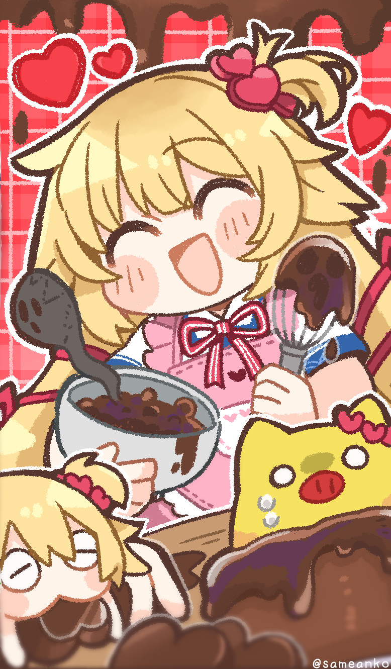 1girl, :d, ^_^, akai_haato, apron, blonde_hair, blush_stickers, bowl