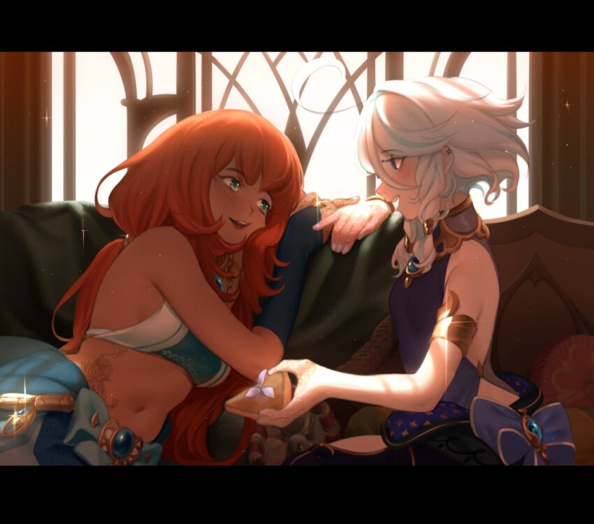 2girls, alternate_hairstyle, armpits, backlighting, bare_shoulders, blue_hair, braid, braided_sidelocks, breasts, bridal_gauntlets, cake, cake_slice, couch, fingernails, food, furina_(genshin_impact), genshin_impact, holding, holding_food, indoors, jewelry, leaning_on_person, letterboxed, long_hair, looking_at_another, midlle4, midriff, multicolored_hair, multiple_girls, navel, neck_ring, nilou_(genshin_impact), on_couch, open_mouth, red_hair, short_hair, short_hair_with_long_locks, side_braids, sideboob, sidelocks, sitting, sleeveless, smile, stomach, stomach_tattoo, tan, tattoo, twin_braids, two-tone_hair, vision_(genshin_impact), white_hair, window