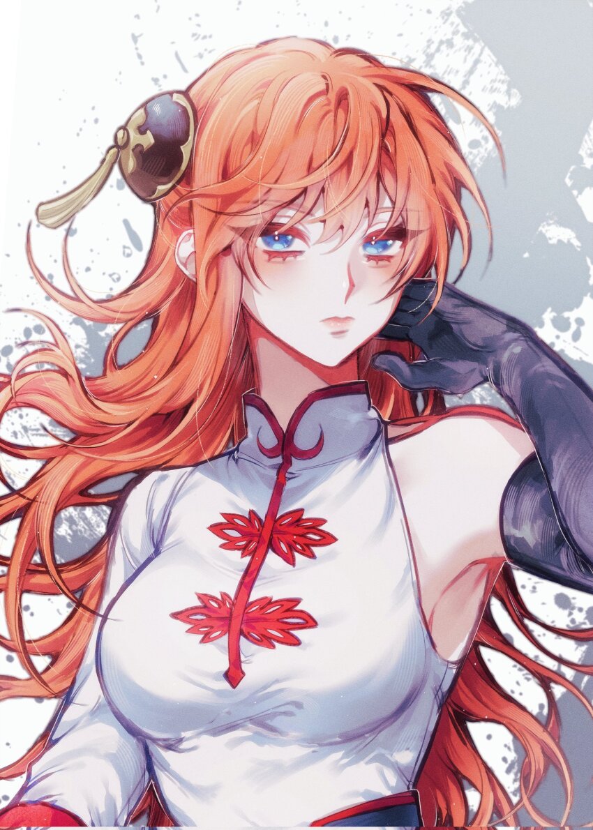 1girl, bisu_(hw3op), black_gloves, blue_eyes, china_dress, chinese_clothes, dress, gintama, gloves, hair_bun, highres, kagura_(gintama), long_hair, orange_hair, solo, solo_focus
