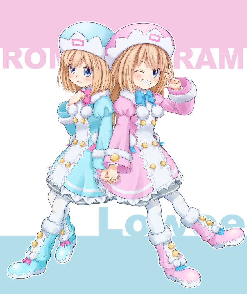 2girls, absurdres, blue_boots, blue_bow, blue_bowtie, blue_coat, blue_eyes, boots