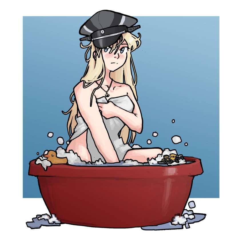 1girl, anchor_necklace, bath, bathing, bismarck_(kancolle), black_hat, blonde_hair, blush