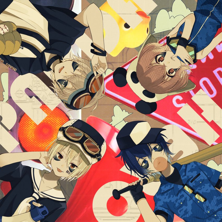 1girl, 3boys, absurdres, baseball_bat, baseball_cap, baseball_glove, brown_eyes, brown_hair, chewing_gum, facial_mark, goggles, goggles_on_head, hat, highres, holding, holding_baseball_bat, holding_megaphone, indie_utaite, luz_(utaite), mafumafu, megaphone, multiple_boys, neckerchief, nqrse, panda_hat, panda_hero_(vocaloid), rubber_duck, sailor_collar, short_hair, soraru, sunglasses, tongue, tongue_out, utaite, yutori3218