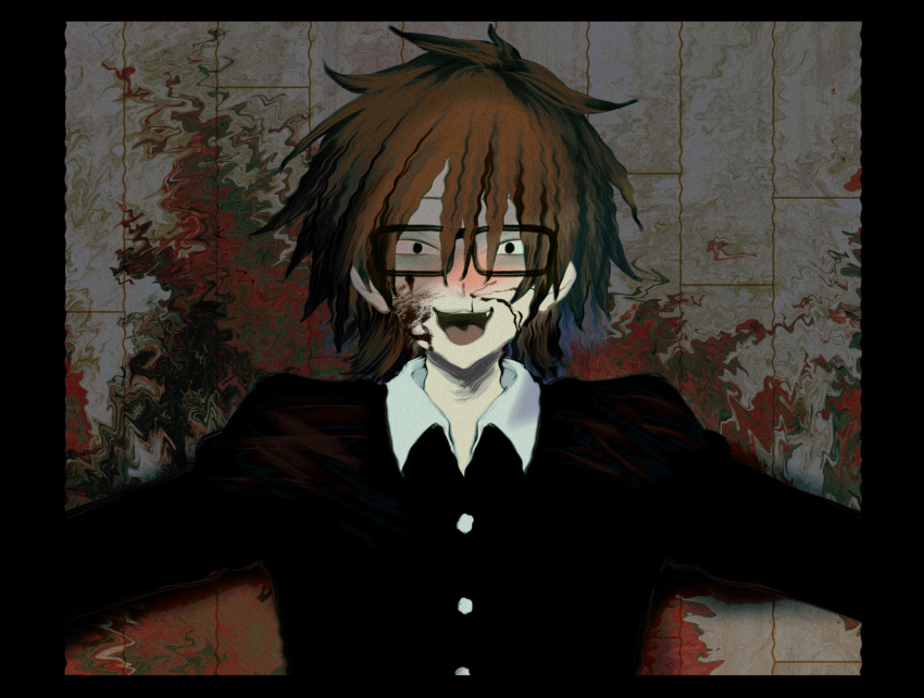 0000k_lll, 1boy, :3, black_coat, black_eyes, blood, blood_on_face, blood_on_ground