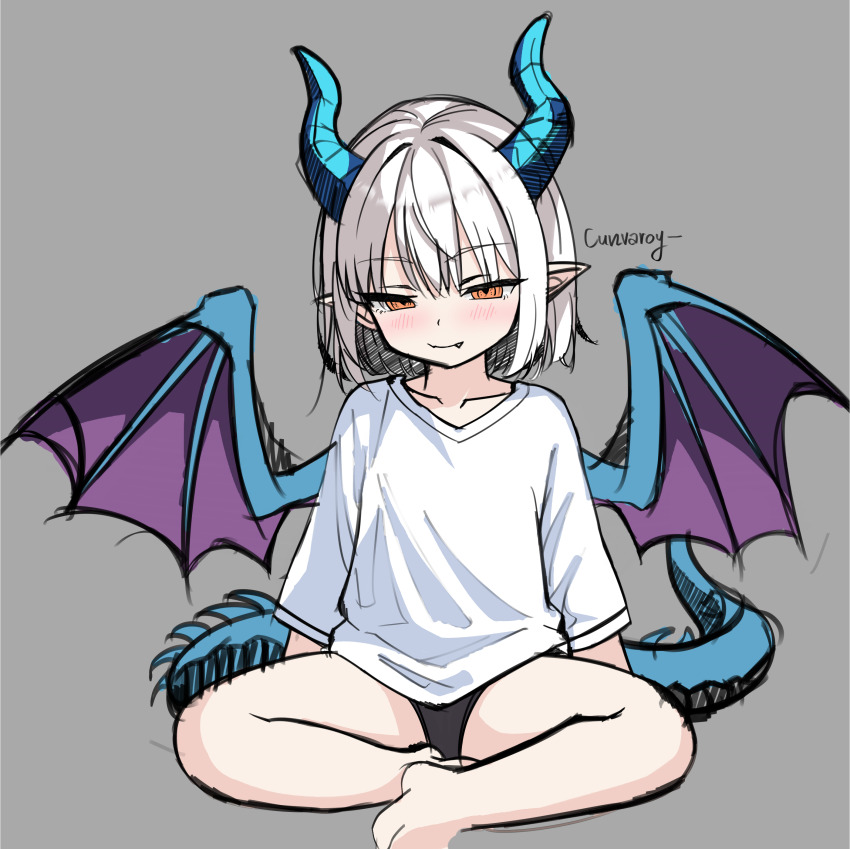 1girl, absurdres, bare_legs, barefoot, black_shorts, blue_horns, blue_tail, breasts