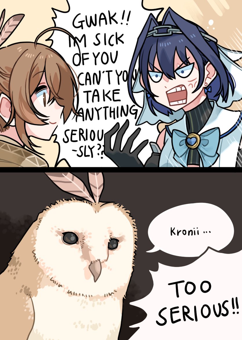 2girls, ahoge, blue_eyes, blue_hair, bow, brooch, brown_eyes, brown_hair