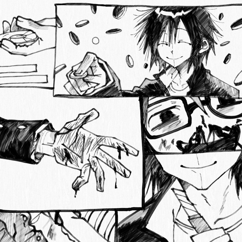 0000k_lll, 2boys, blood, blood_on_hands, boxcutter, cracked_skin, gakuran, glasses, greyscale, highres, holding, male_focus, monochrome, multiple_boys, nosebleed, randal's_friends, randal_ivory, school_uniform, short_hair, smile, tsukada_satoru