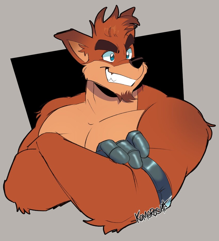 1boy, armband, artist_name, bara, blue_eyes, commentary, crash_bandicoot_(series), crossed_arms