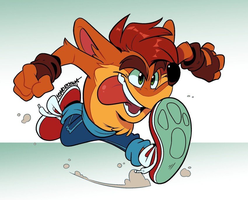 1boy, artist_name, brown_gloves, commentary, crash_bandicoot, crash_bandicoot_(series), english_commentary, fingerless_gloves