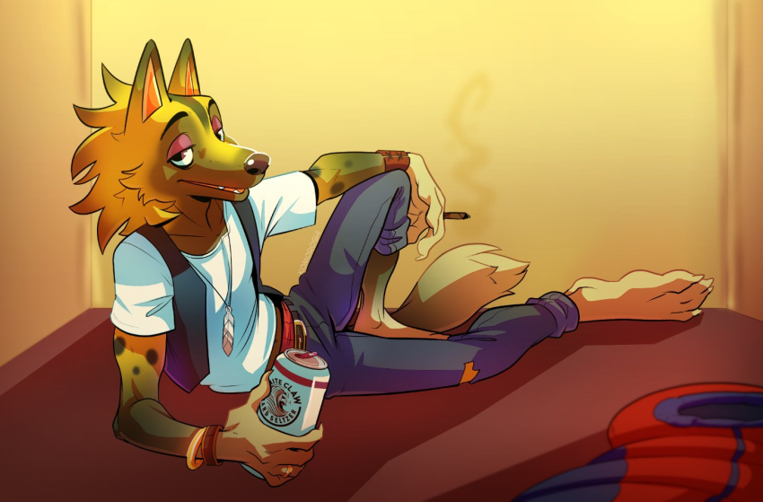 1boy, animal_crossing, animal_ears, barefoot, beer_can, black_vest, can, cigarette