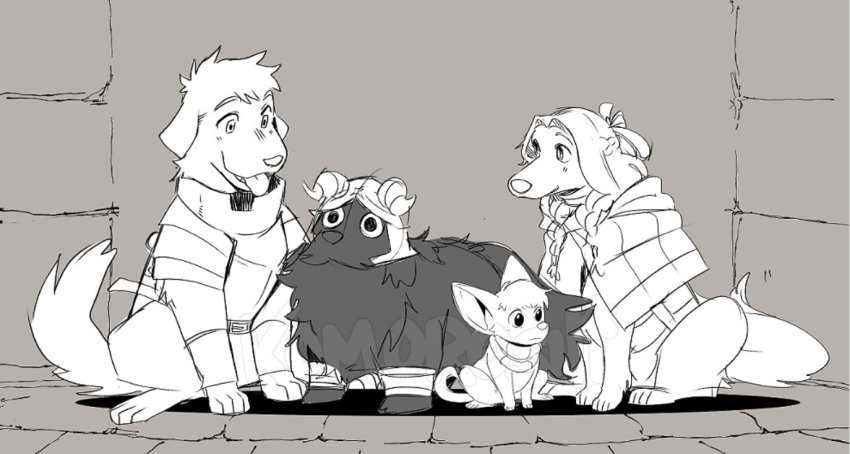 1girl, 3boys, animal_ears, animalization, artist_name, chilchuck_tims, closed_mouth, commentary, dog_boy, dog_ears, dog_girl, dog_tail, dungeon_meshi, english_commentary, greyscale, komoroshi, laios_touden, marcille_donato, monochrome, multiple_boys, open_mouth, senshi_(dungeon_meshi), sketch, smile, tail, tongue, tongue_out, watermark