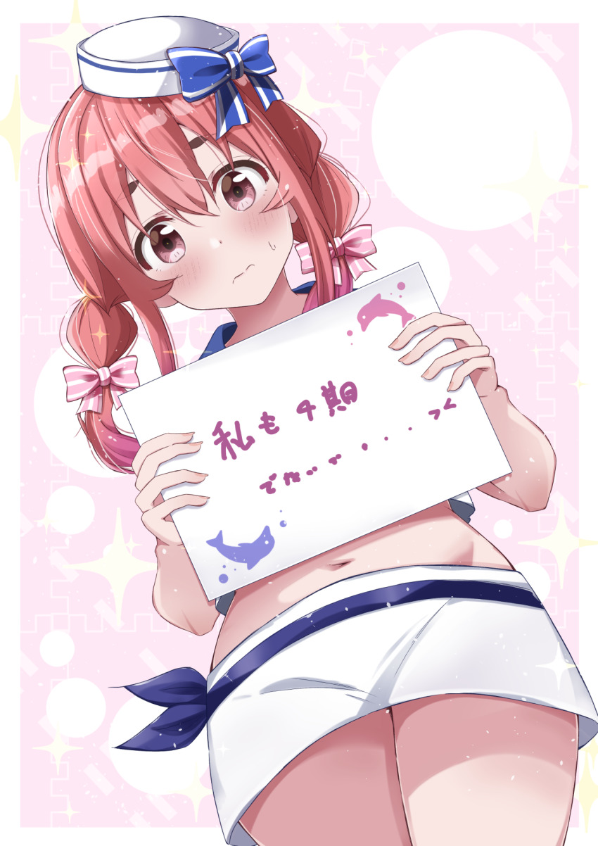 1girl, blue_bow, bow, cowboy_shot, cropped_shirt, dutch_angle, frown, hair_between_eyes