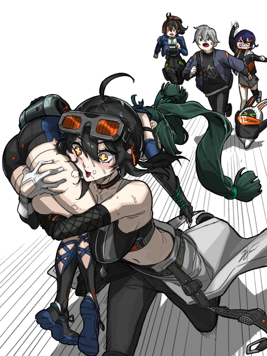 +_+, 1boy, 4girls, ahoge, android, arm_up, ass, bangboo_(zenless_zone_zero), bare_shoulders, belle_(zenless_zone_zero), black_hair, black_shirt, black_sports_bra, blue_hair, blush, breasts, brother_and_sister, carrying, carrying_over_shoulder, carrying_person, chasing, cheek_press, cheek_squash, closed_eyes, eous_(zenless_zone_zero), female_pervert, fleeing, gloves, grabbing_another's_thighs, grace_howard, green_hair, grey_hair, gwongiyeon67479, hair_between_eyes, hair_ornament, heavy_breathing, highres, jacket, kidnapping, large_breasts, long_hair, mechanic, motion_lines, multicolored_hair, multiple_girls, navel, open_clothes, open_jacket, pants, pervert, ponytail, qingyi_(zenless_zone_zero), red_eyes, robot, robot_girl, shirt, short_hair, siblings, simple_background, smile, sphere_hair_ornament, sports_bra, stomach, streaked_hair, sweat, thigh_grab, twintails, white_background, white_gloves, wise_(zenless_zone_zero), yuri, zenless_zone_zero, zhu_yuan