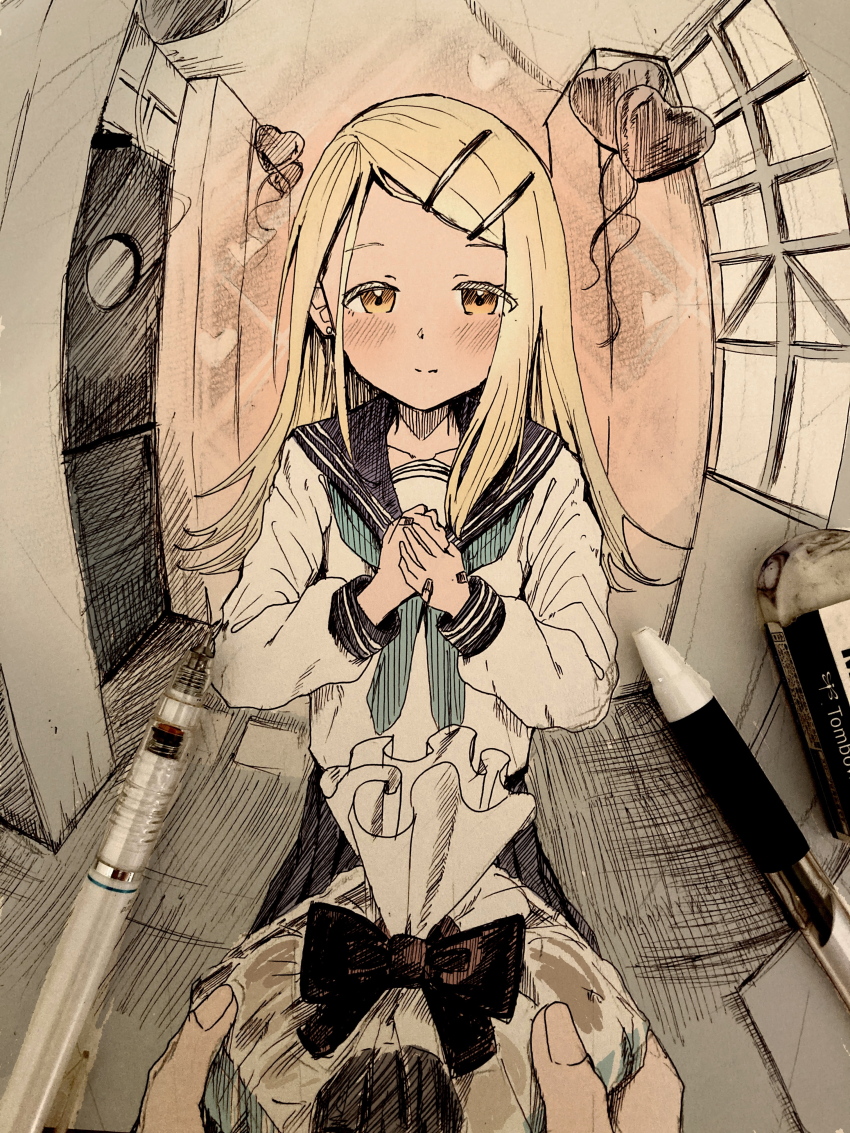 1boy, 1girl, absurdres, bag, balloon, ballpoint_pen_(medium), bandaid, bandaid_on_hand