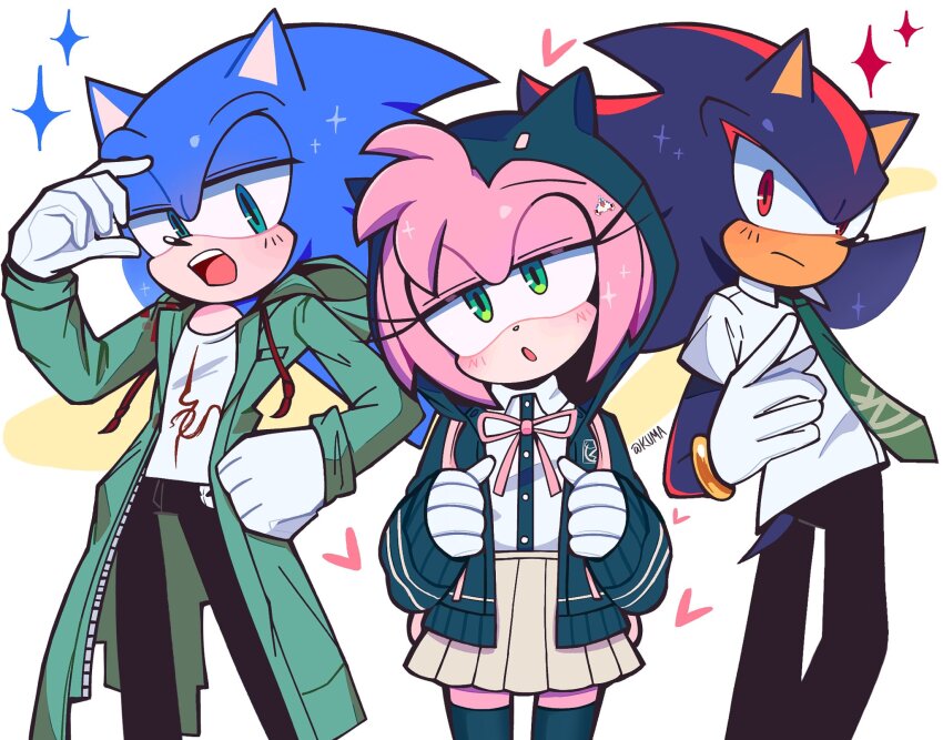 1girl, 2boys, amy_rose, black_hair, black_jacket, black_pants, black_shirt, black_thighhighs