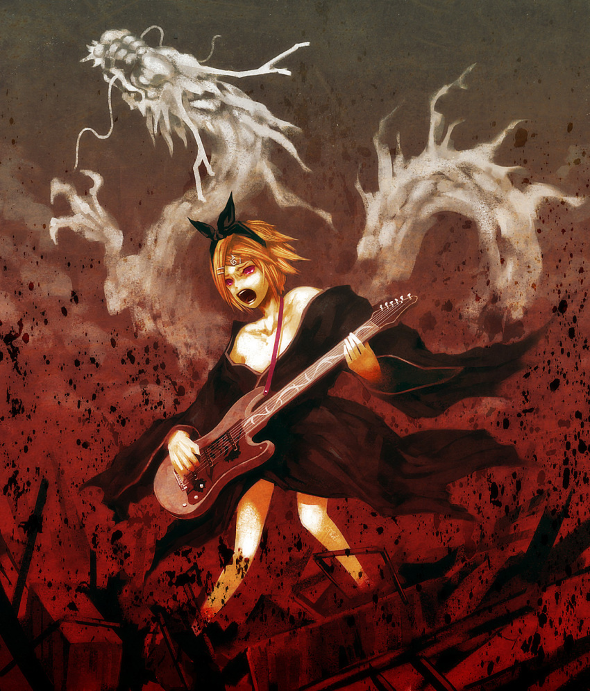 1girl, bad_id, bad_pixiv_id, blonde_hair, bow, breasts, cleavage, electric_guitar