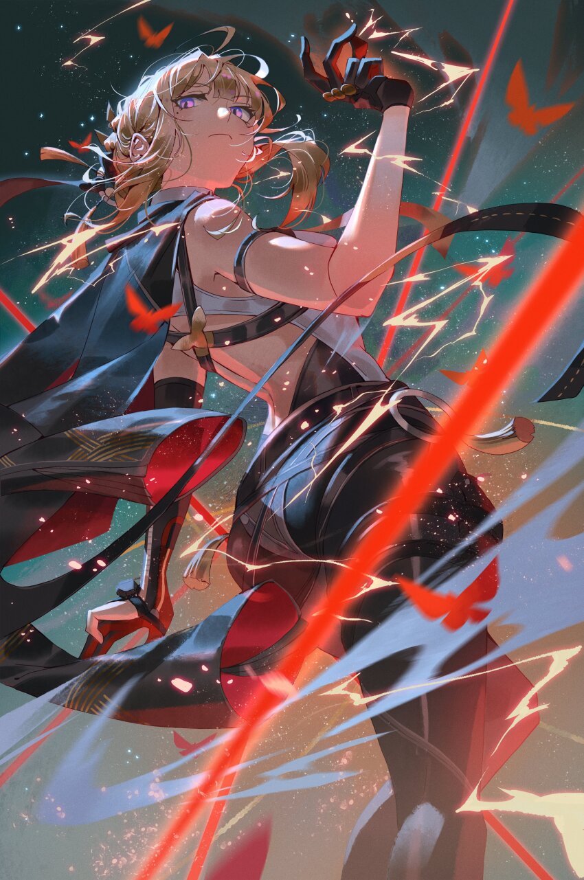 1girl, absurdres, asymmetrical_gloves, bare_shoulders, black_gloves, black_pants, blonde_hair, closed_mouth