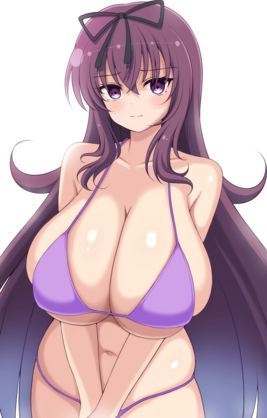 1girl, bikini, black_ribbon, breasts, cleavage, commentary, english_commentary, frown