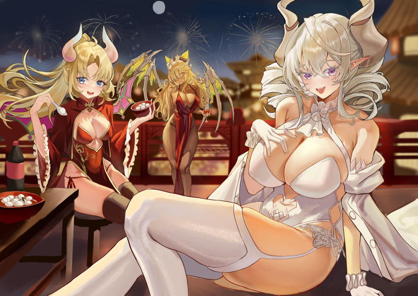 3girls, absurdres, alternate_costume, blonde_hair, bowl, breasts, chair, china_dress, chinese_clothes, chinese_new_year, cleavage, dark-skinned_female, dark_skin, demon_girl, demon_horns, dress, drill_hair, duel_monster, ecclesia_(yu-gi-oh!), feet_out_of_frame, fireworks, full_moon, garter_belt, hair_over_one_eye, hand_on_own_arm, highres, holding, holding_bowl, holding_spoon, horns, incredible_ecclesia_the_virtuous, large_breasts, liuli_xiao, long_sleeves, lovely_labrynth_of_the_silver_castle, medium_breasts, mementotlan_angwitch, moon, multiple_girls, outdoors, pointy_ears, purple_eyes, red_dress, skeletal_wings, spoon, table, thighhighs, twin_drills, white_dress, wide_sleeves, wings, yellow_eyes, yu-gi-oh!