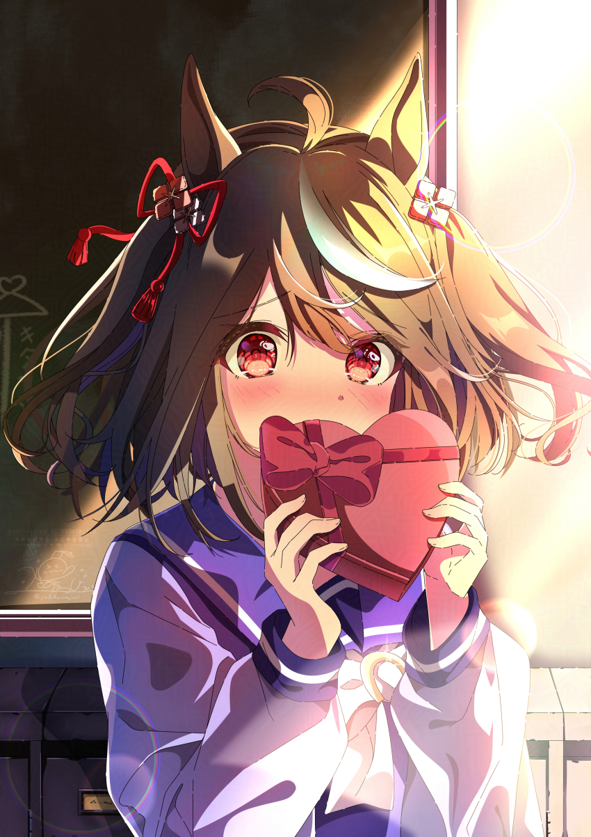 1girl, absurdres, ahoge, ai_ai_gasa, animal_ears, black_hair, breasts, chalkboard