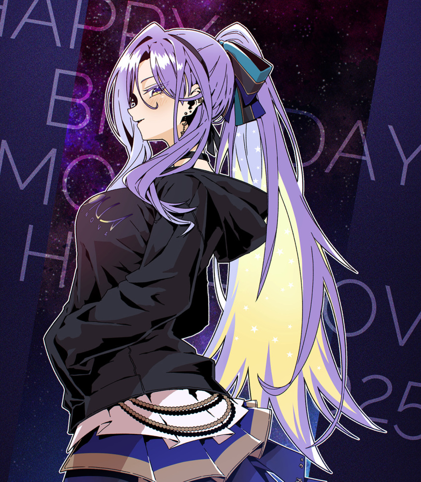 1girl, blonde_hair, blush, breasts, choker, colored_inner_hair, earrings, english_text, gradient_hair, happy_birthday, highres, hololive, hololive_indonesia, hood, hoodie, jewelry, long_hair, looking_at_viewer, moona_hoshinova, moona_hoshinova_(work), multicolored_hair, ponytail, purple_eyes, purple_hair, skirt, solo, starry_hair, swept_bangs, taka_t, two-tone_hair, virtual_youtuber