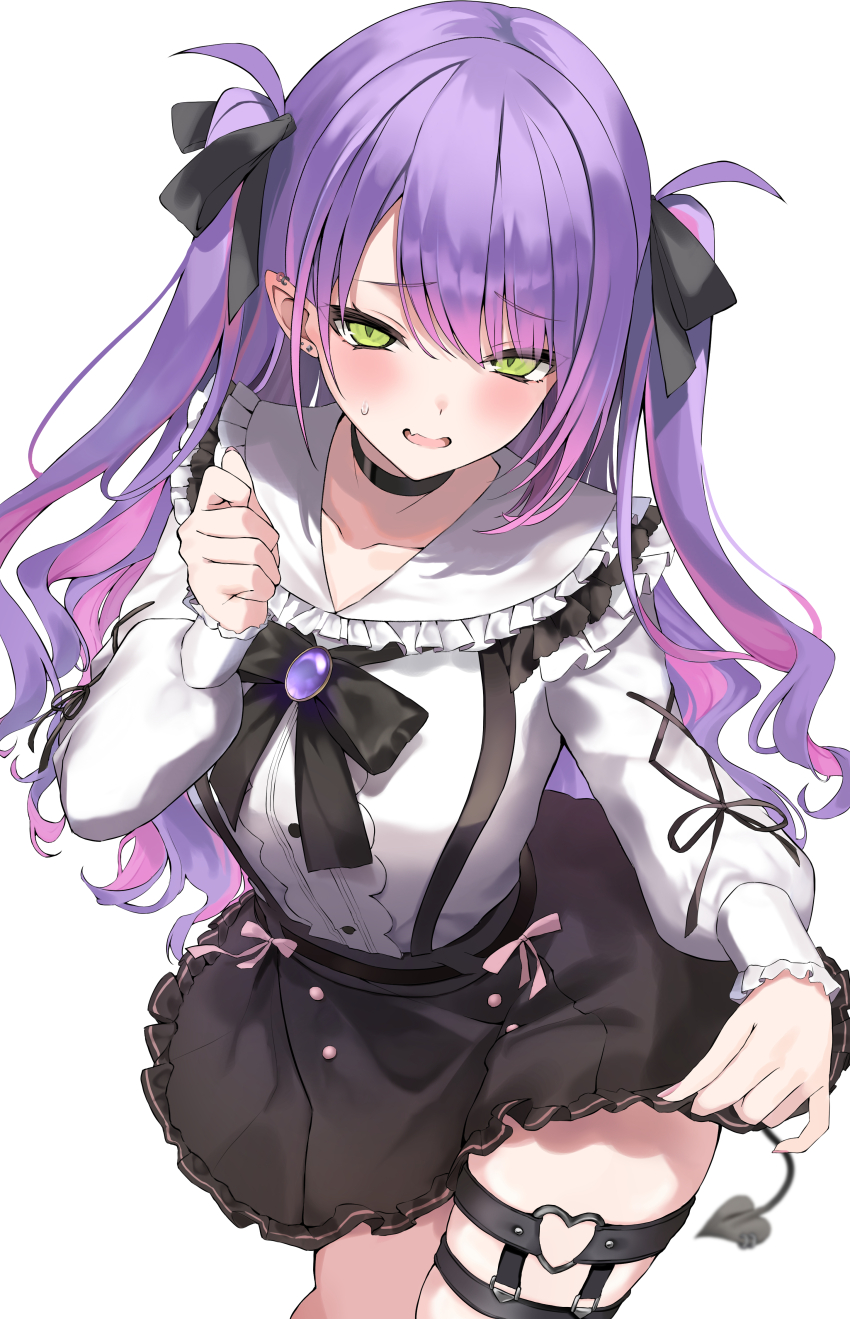 1girl, absurdres, alternate_costume, argule0901, black_skirt, collarbone, commentary_request, cosplay, cowboy_shot, frilled_shirt_collar, frills, green_eyes, highres, hololive, jirai_kei, long_hair, purple_hair, shirt, simple_background, skirt, solo, tachibana_hinano, tachibana_hinano_(1st_costume), tachibana_hinano_(cosplay), tokoyami_towa, two_side_up, virtual_youtuber, vspo!, white_background, white_shirt