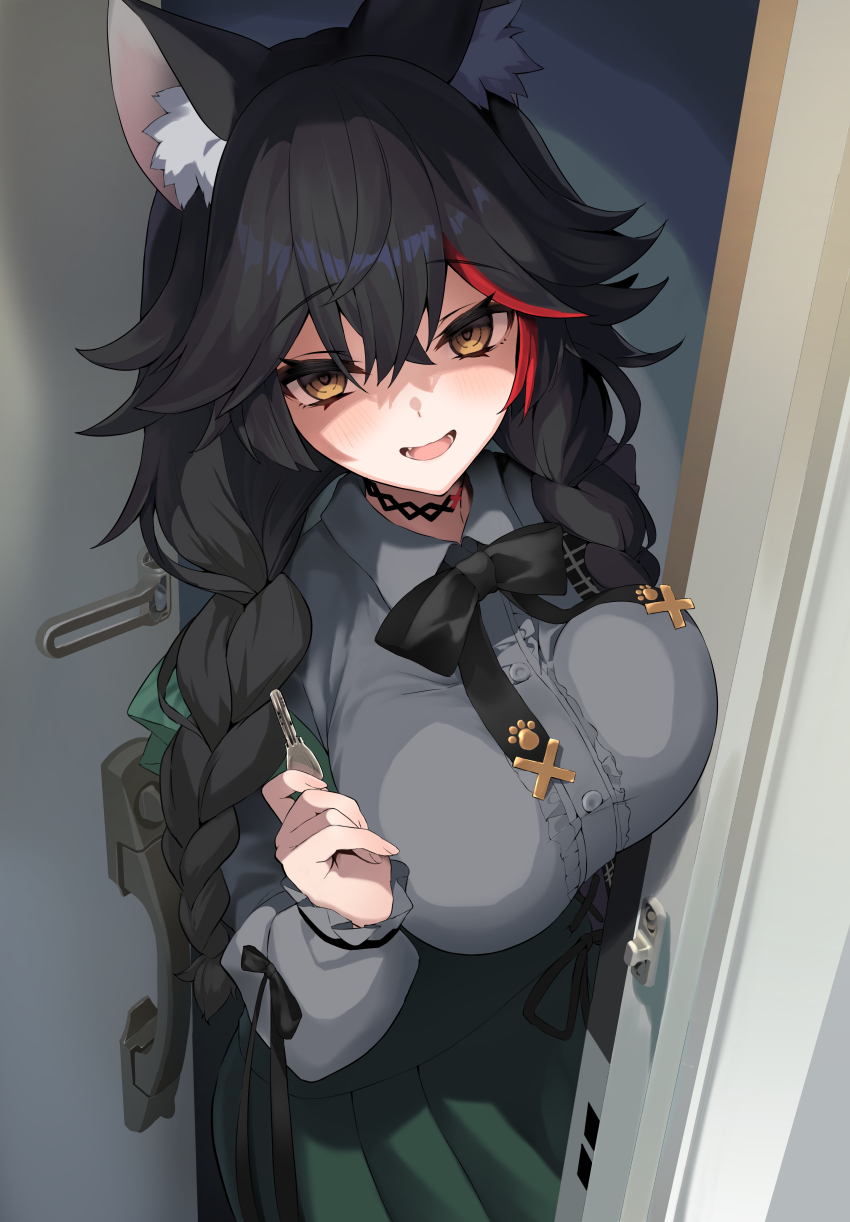 1girl, :d, absurdres, animal_ear_fluff, animal_ears, argule0901, black_bow, black_bowtie, black_choker, black_hair, bow, bowtie, braid, breasts, center_frills, choker, collared_shirt, commentary_request, crossed_bangs, door, dress, flipped_hair, frills, green_skirt, grey_shirt, hair_between_eyes, heart, heart-shaped_pupils, highres, holding, holding_key, hololive, key, large_breasts, long_hair, long_sleeves, looking_at_viewer, low_twin_braids, multicolored_hair, official_alternate_costume, ookami_mio, ookami_mio_(8th_costume), open_mouth, pleated_skirt, red_hair, shaded_face, shirt, shirt_tucked_in, skirt, smile, solo, streaked_hair, symbol-shaped_pupils, twin_braids, virtual_youtuber, wolf_ears, wolf_girl, yandere, yellow_eyes