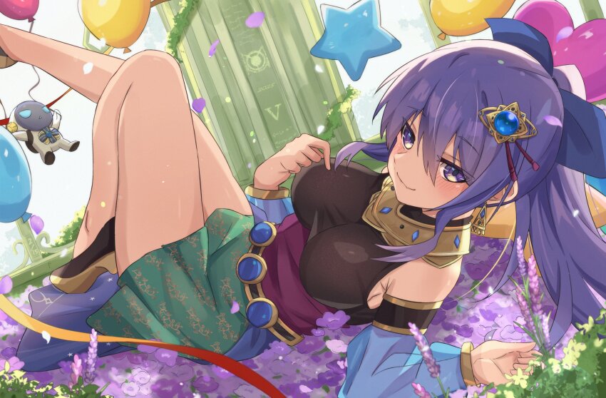 1girl, balloon, blush, breasts, detached_sleeves, earrings, hair_between_eyes, hair_ornament