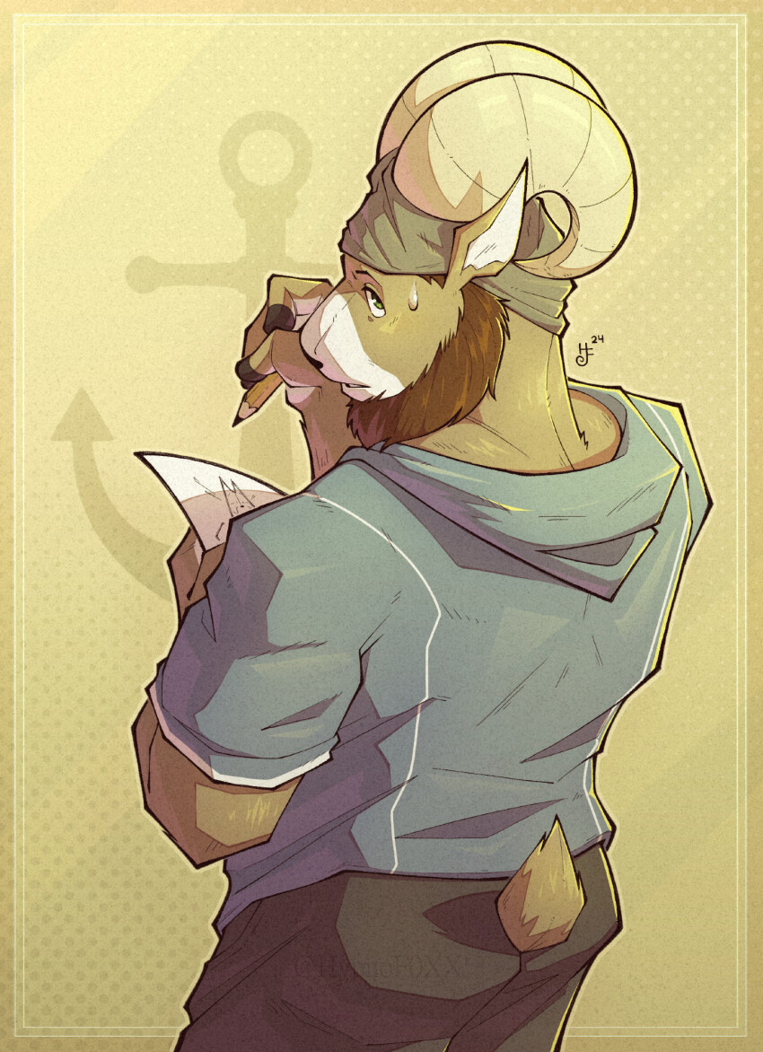 1boy, artist_logo, beanie, beard, black_pants, blue_hoodie, carl_hendricks, commentary, dated, echo_(visual_novel), echo_project, english_commentary, facial_hair, furry, furry_male, goat_boy, goat_horns, goat_tail, hat, highres, holding, holding_paper, holding_pencil, hood, hood_down, hoodie, horns, hypnof0xx, logo, looking_at_viewer, looking_back, male_focus, pants, paper, pencil, tail