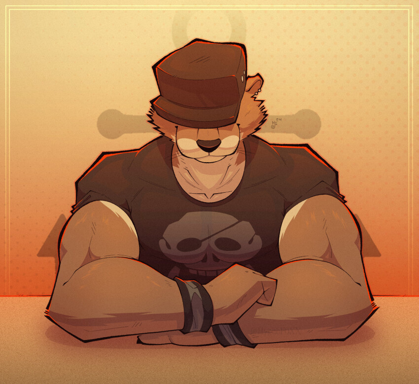 1boy, animal_ears, artist_logo, bara, black_hat, black_shirt, closed_mouth, commentary