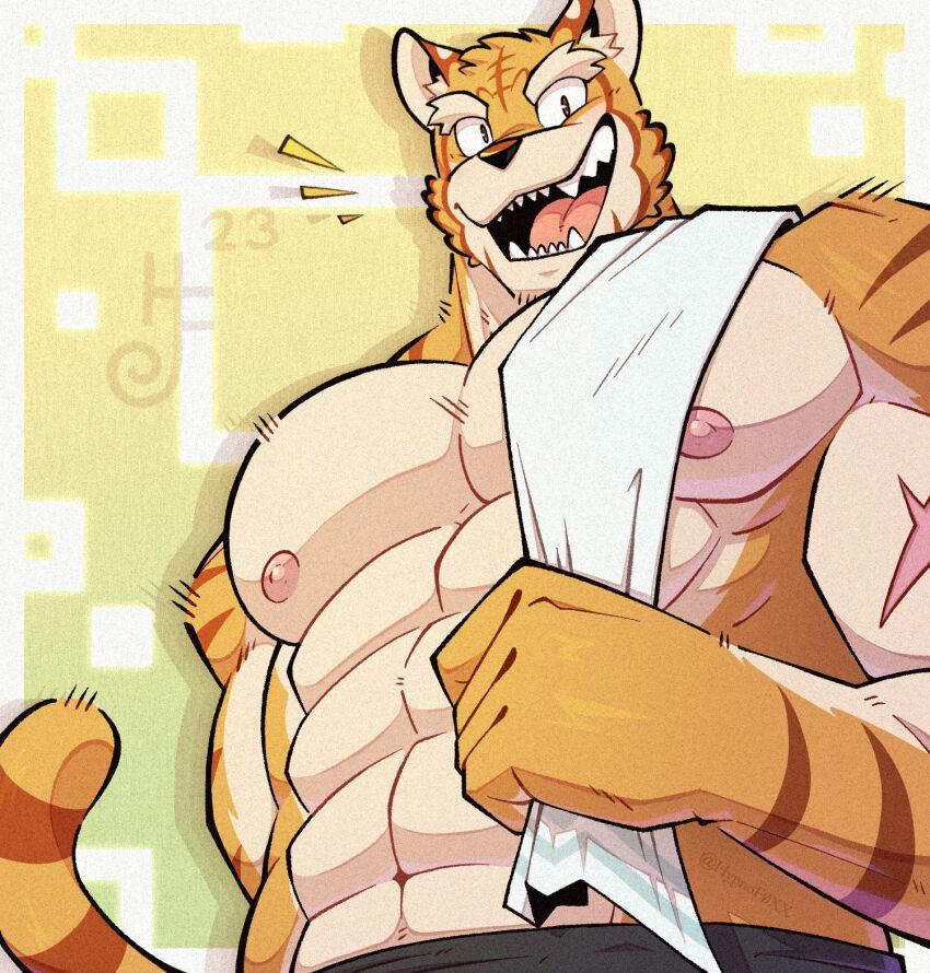 1boy, abs, animal_ears, artist_logo, bara, commentary, cross_scar, dated