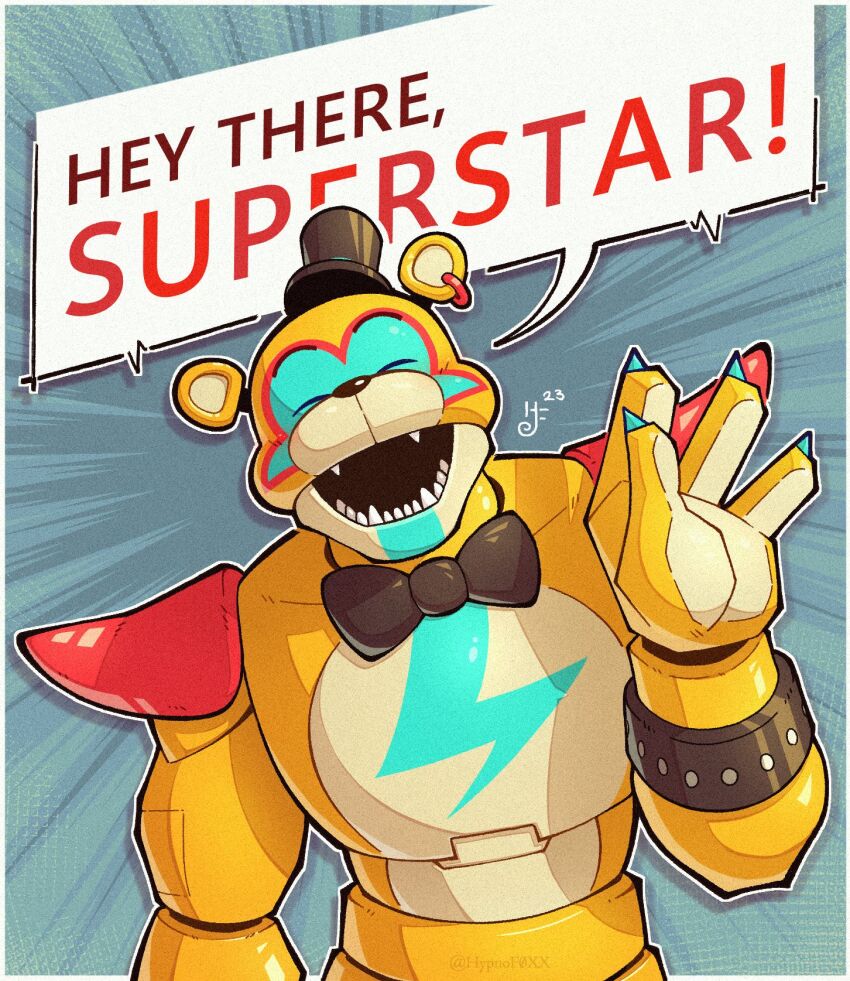 1boy, animal_ears, artist_logo, bear_boy, bear_ears, black_bow, black_bowtie, bow, bowtie, claws, closed_eyes, commentary, dated, earrings, english_commentary, english_text, fangs, five_nights_at_freddy's, five_nights_at_freddy's:_security_breach, furry, furry_male, glamrock_freddy, hat, highres, hypnof0xx, jewelry, logo, male_focus, mini_hat, mini_top_hat, open_mouth, single_earring, speech_bubble, top_hat