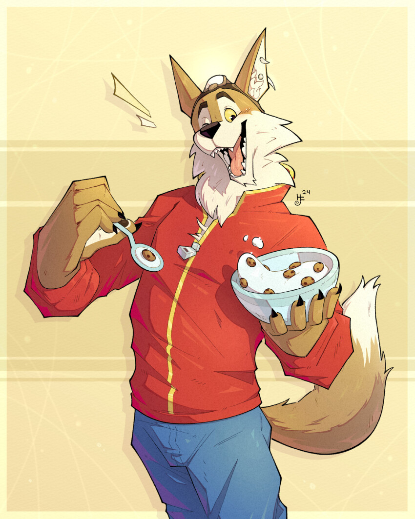 1boy, animal_ears, blue_pants, bowl, cereal, chip_the_wolf, chip_the_wolf_(cosplay), commentary