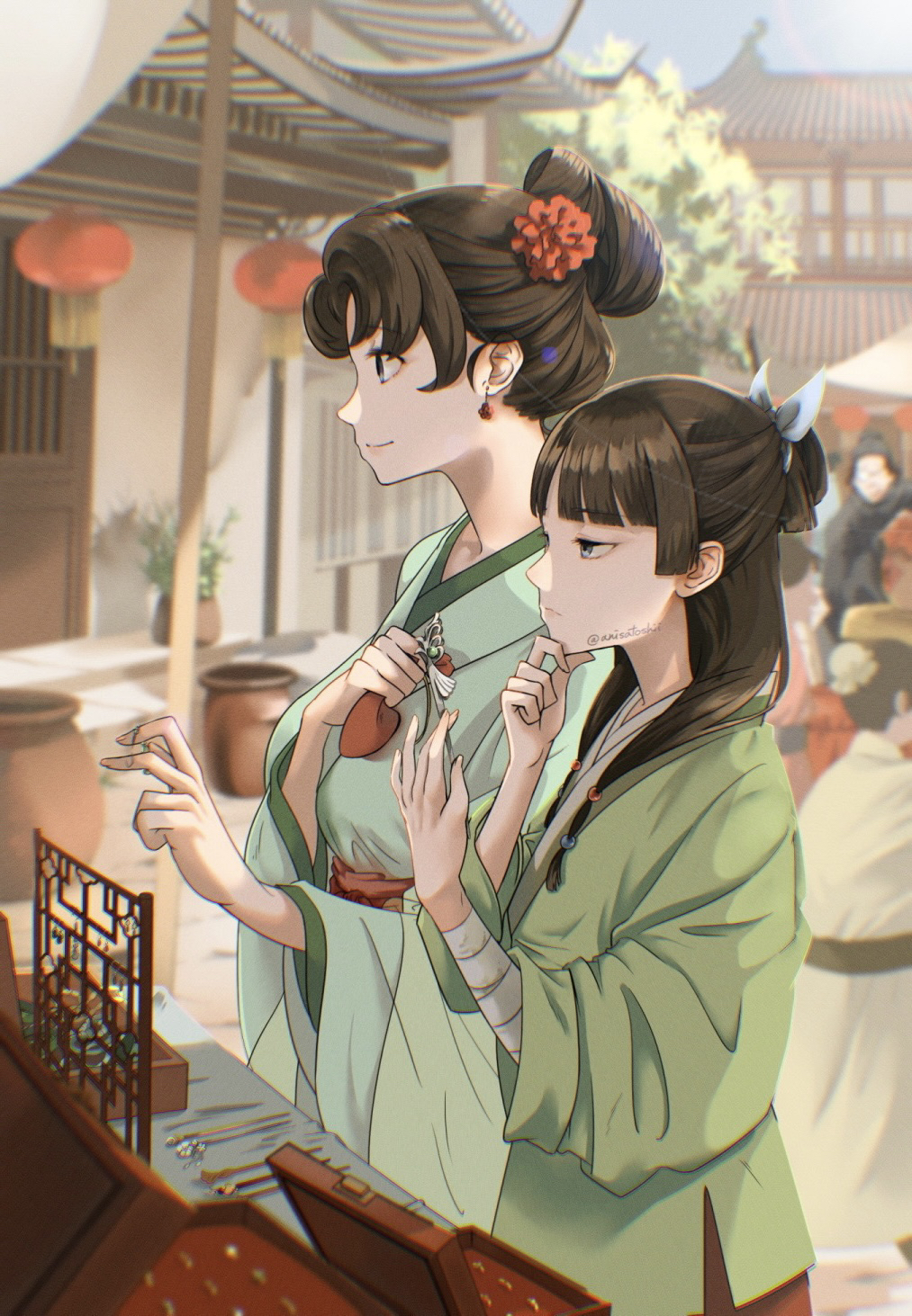 1boy, 2girls, anisatoshii, architecture, blurry, blurry_background, brown_hair, chinese_clothes