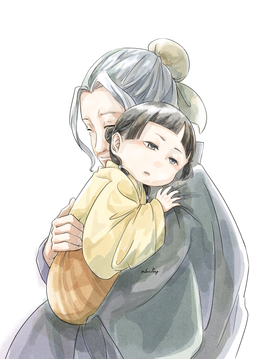 2girls, aged_down, anisatoshii, closed_eyes, grey_hair, hair_bun, highres, kusuriya_no_hitorigoto