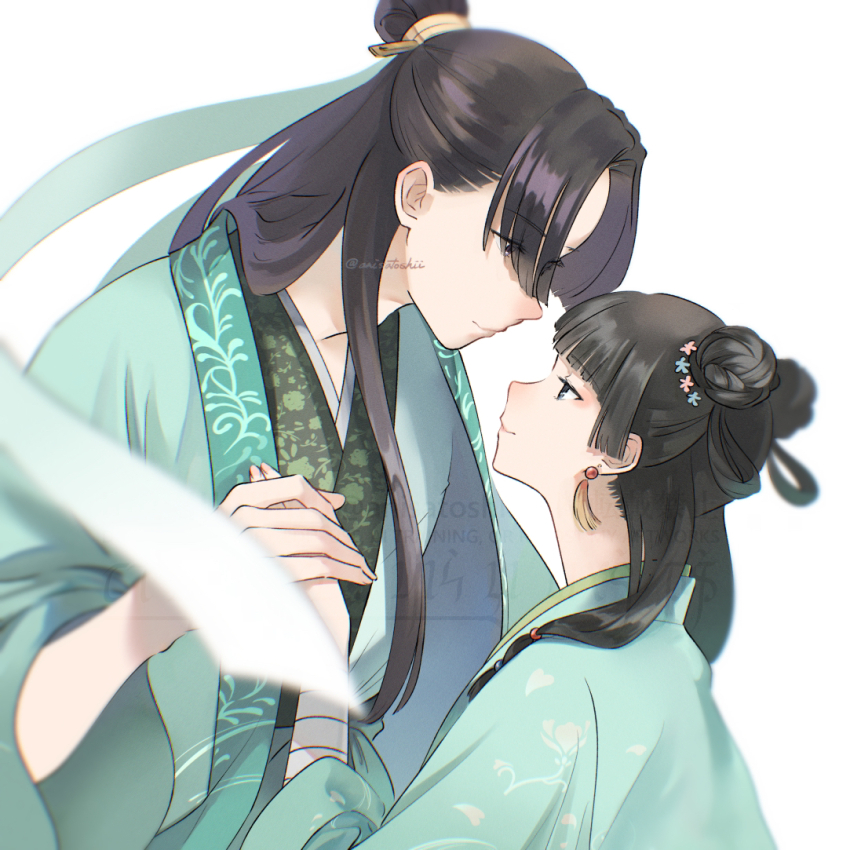 1boy, 1girl, anisatoshii, artist_name, blue_eyes, double_bun, earrings, eye_contact, hair_bun, hetero, holding_hands, jewelry, jinshi_(kusuriya_no_hitorigoto), kusuriya_no_hitorigoto, long_hair, looking_at_another, maomao_(kusuriya_no_hitorigoto), parted_bangs, smile, twitter_username, watermark, white_background