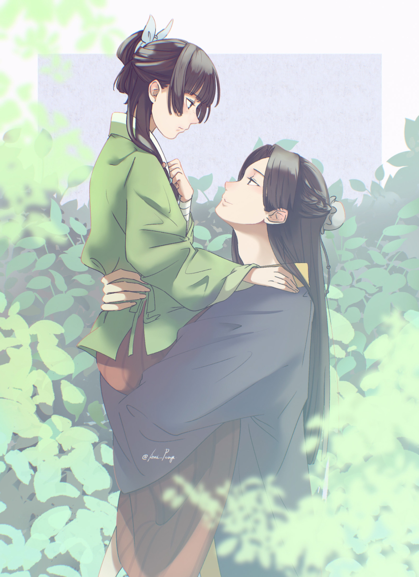 1boy, 1girl, anisatoshii, black_hair, chinese_clothes, day, eye_contact, hanfu, hetero, highres, jinshi_(kusuriya_no_hitorigoto), kusuriya_no_hitorigoto, long_hair, looking_at_another, maomao_(kusuriya_no_hitorigoto), outdoors, profile
