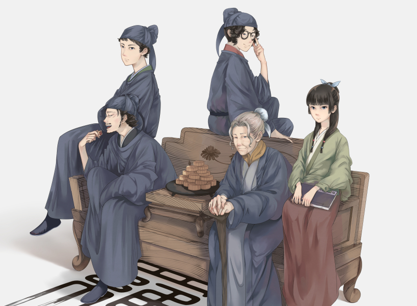 2girls, 3boys, absurdres, anisatoshii, black_hair, black_shoes, book, cane