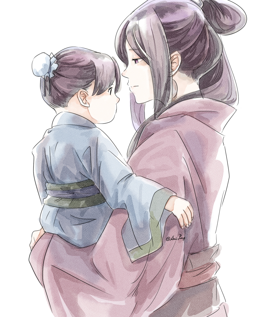 1boy, 1girl, aged_down, ah-duo_(kusuriya_no_hitorigoto), anisatoshii, artist_name, black_hair, bun_cover