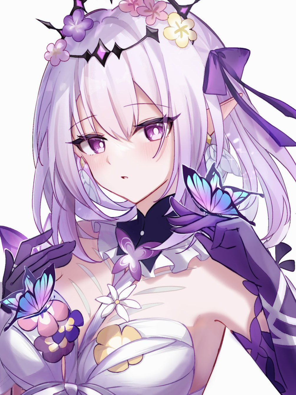 1girl, bare_shoulders, bright_pupils, bug, butterfly, castorice_(honkai:_star_rail), flower, hair_flower