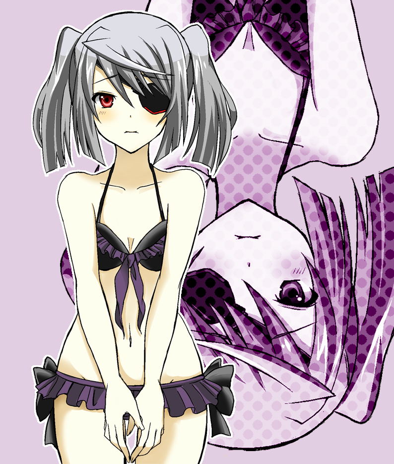 10s, 1girl, bad_id, bad_pixiv_id, bikini, eyepatch, female_focus, hinaganon