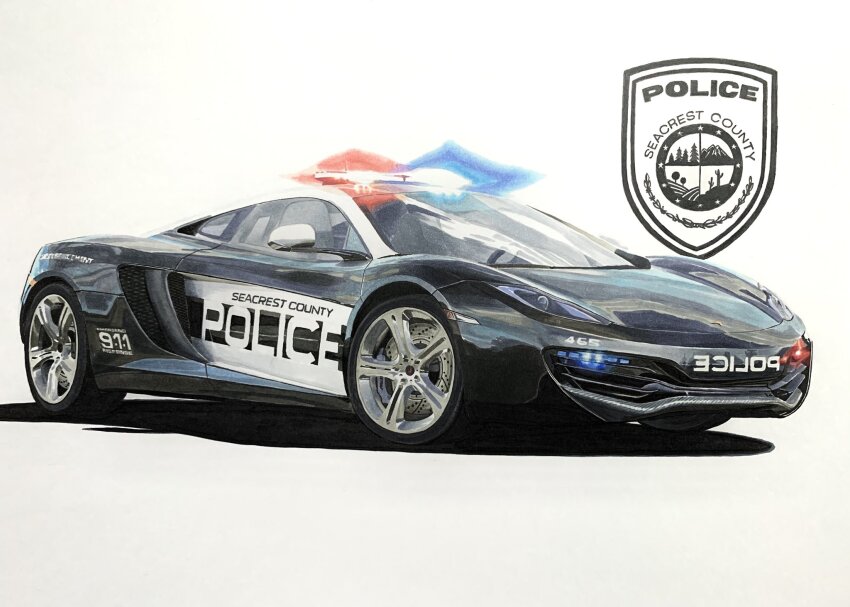 black_car, car, glowing, highres, mclaren, mclaren_mp4-12c, motor_vehicle, need_for_speed, need_for_speed:_hot_pursuit_(2010), no_humans, police, police_car, shadow, sports_car, sumakun, traditional_media, vehicle_focus