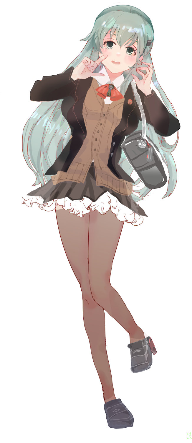 1girl, aqua_eyes, aqua_hair, bag, bag_charm, black_shoes, blazer, blush