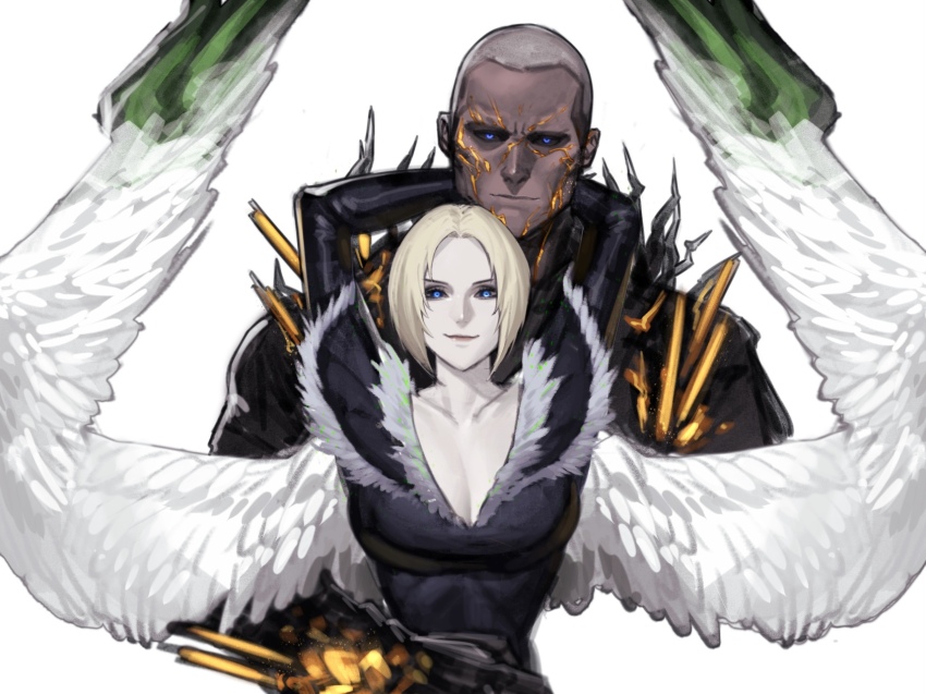 1boy, 1girl, arms_around_neck, arms_around_another's_waist, benedikta_harman, bilingual_commentary, black_jumpsuit, blonde_hair