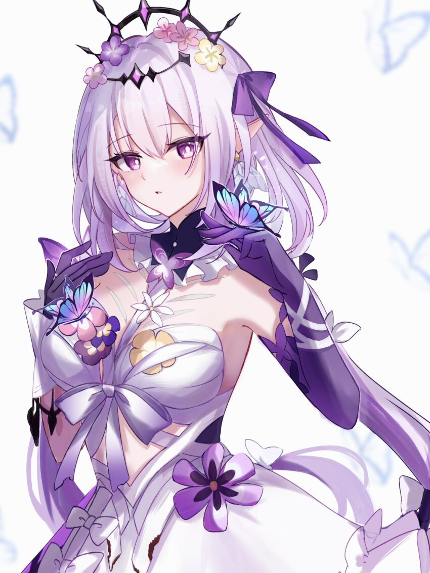 1girl, bare_shoulders, bright_pupils, bug, butterfly, castorice_(honkai:_star_rail), dress, flower