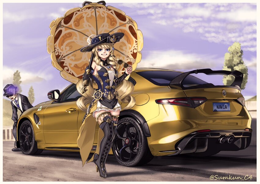 1boy, 1girl, alfa_romeo, alfa_romeo_giulia, alfa_romeo_giulia_quadrifoglio, artist_name, black_boots, black_gloves, black_jacket, black_pants, blonde_hair, blue_corset, blue_eyes, blue_flower, blue_necktie, boots, car, cloud, collared_shirt, corset, detached_sleeves, drill_hair, drill_sidelocks, flower, genshin_impact, glint, gloves, hat, hat_flower, high_heel_boots, high_heels, highres, holding, holding_removed_eyewear, holding_umbrella, jacket, leaning_forward, license_plate, long_hair, looking_at_viewer, motor_vehicle, navia_(genshin_impact), necktie, open_mouth, pants, parted_lips, shadow, shirt, sidelocks, single_glove, skirt, sky, smile, spoiler_(automobile), standing, sumakun, sunglasses, thigh_boots, tree, twitter_username, umbrella, unworn_eyewear, vehicle_focus, very_long_hair, white_shirt, white_skirt