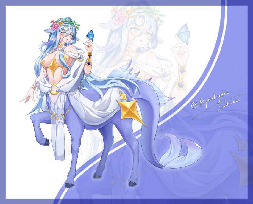 1girl, animal_ears, artist_name, bare_shoulders, blue_border, blue_butterfly, blue_eyes, blue_hair, border, breasts, bug, butterfly, butterfly_on_hand, centaur, cleavage, commentary_request, commission, commissioner_name, fins, fish_tail, flower, full_body, hair_between_eyes, hair_flower, hair_ornament, hand_up, head_wreath, hooves, horse_ears, insect, kelpie, kelpie_(monster_girl_encyclopedia), large_breasts, long_hair, monster_girl, monster_girl_encyclopedia, multiple_legs, navel, o-ring, parted_lips, pelvic_curtain, revealing_clothes, sidelocks, solo, standing, standing_on_three_legs, stomach, suikakun, tail, taur, vambraces, very_long_hair, white_background, zoom_layer