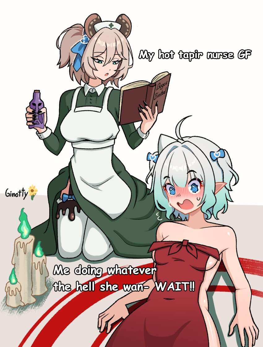 2girls, animal_ears, apron, blush, bogos_binted_(meme), book, breasts, brown_hair